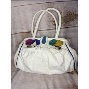 Vintage Y2K Samir Genuine Leather Should Bag Purse White Color Floral Appliques‎